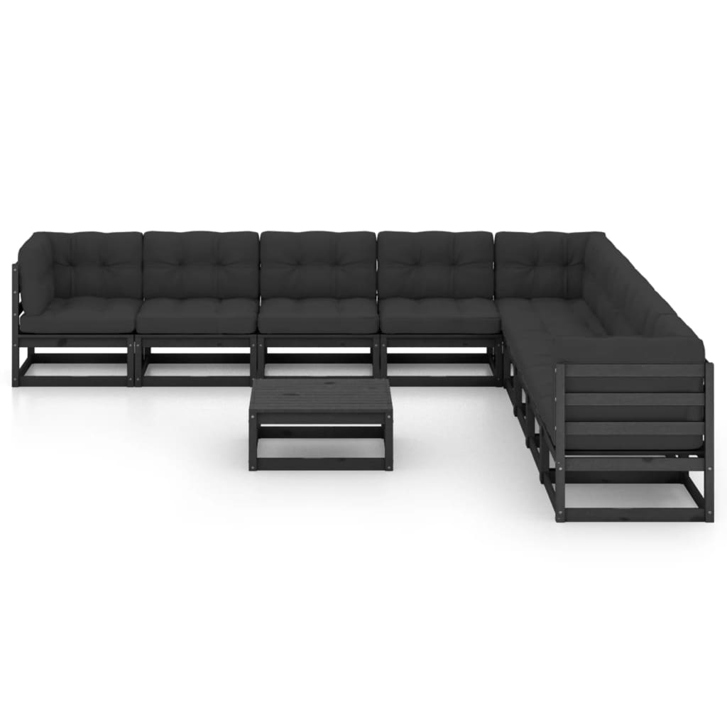 vidaXL 10 Piece Patio Lounge Set with Cushions Black Solid Pinewood