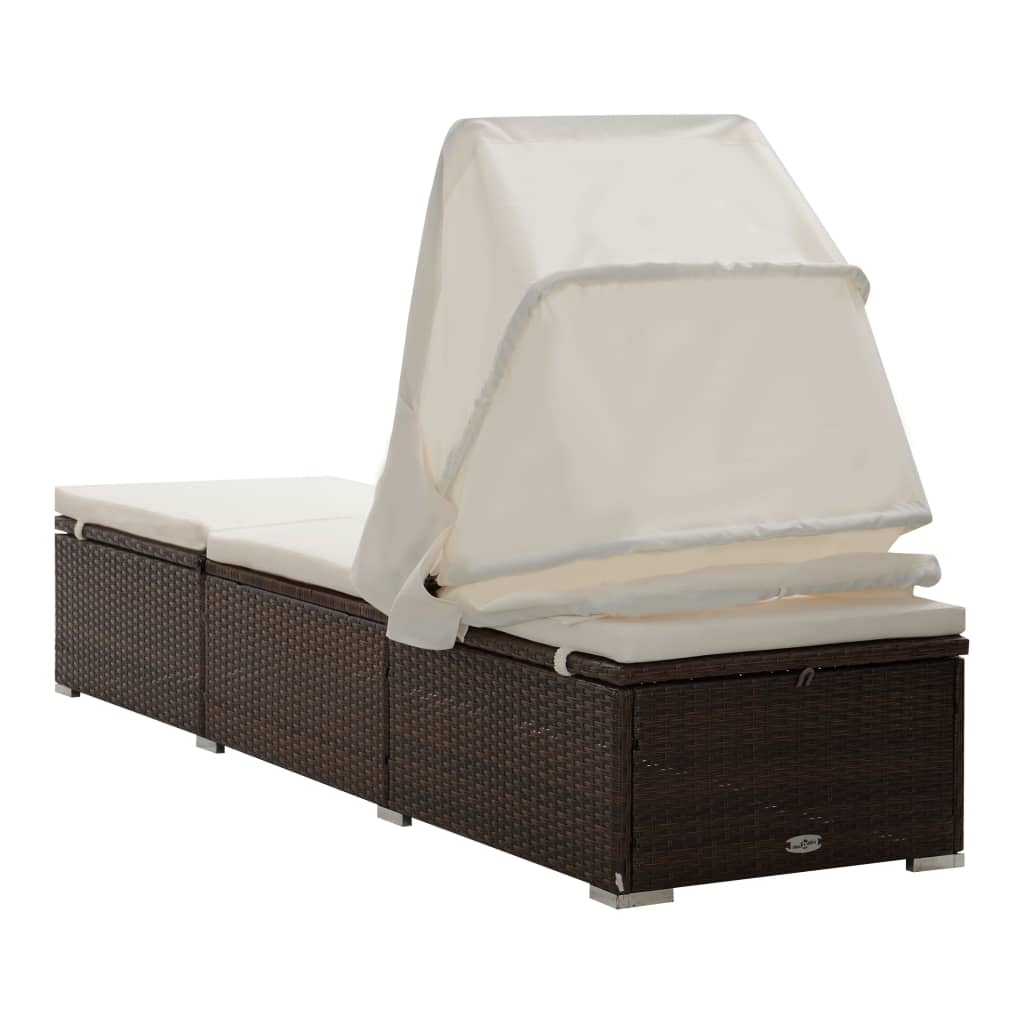 vidaXL Sun Lounger with Canopy and Cushion Poly Rattan Brown