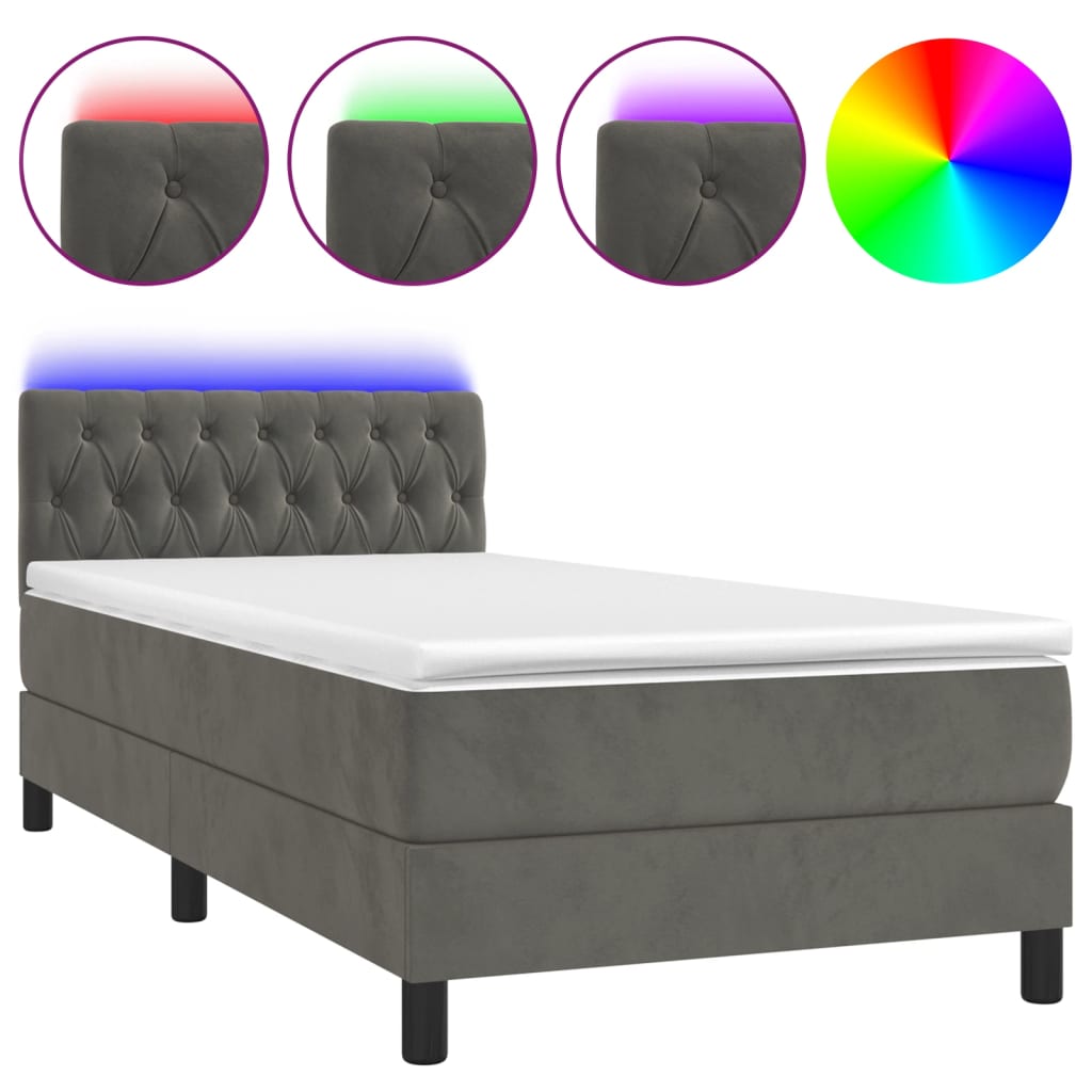 vidaXL Box Spring Bed with Mattress&LED Dark Gray Twin Velvet