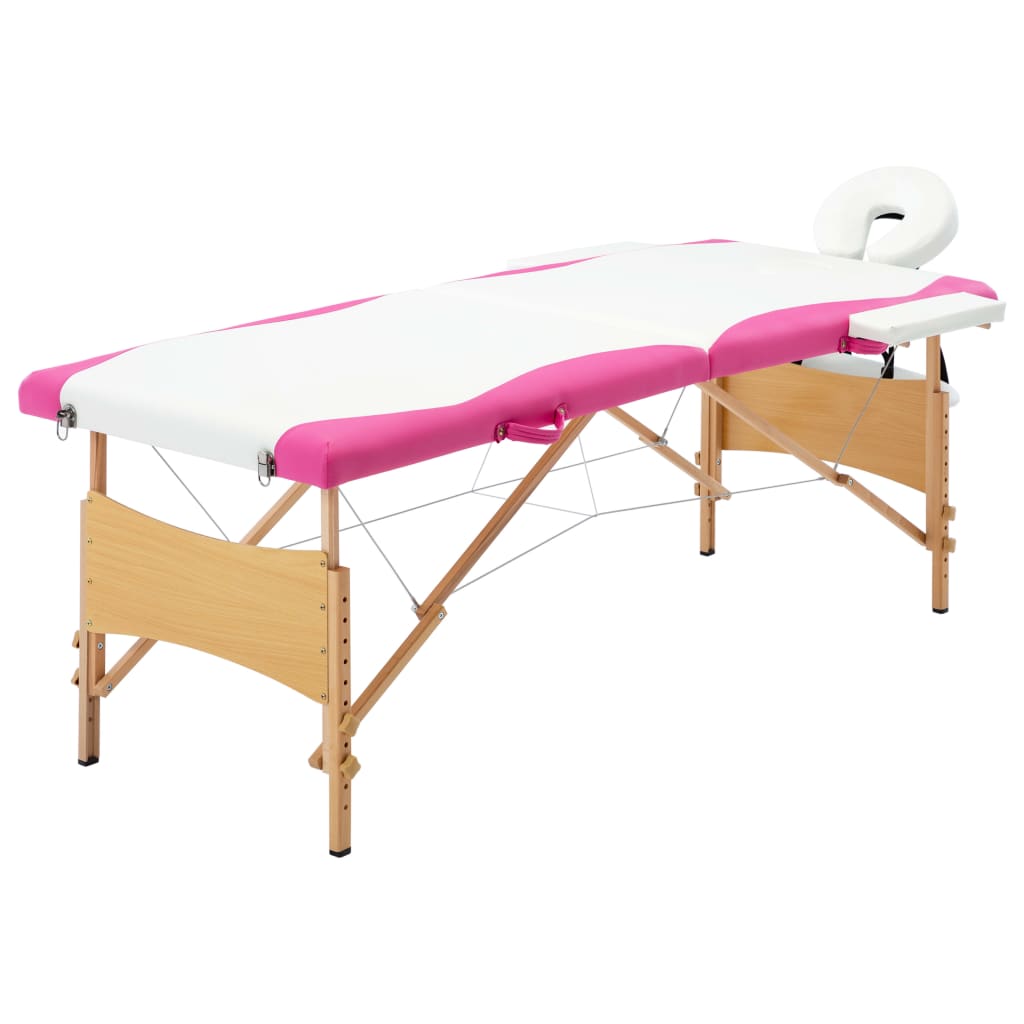 vidaXL Foldable Massage Table 2 Zones Wood White and Pink