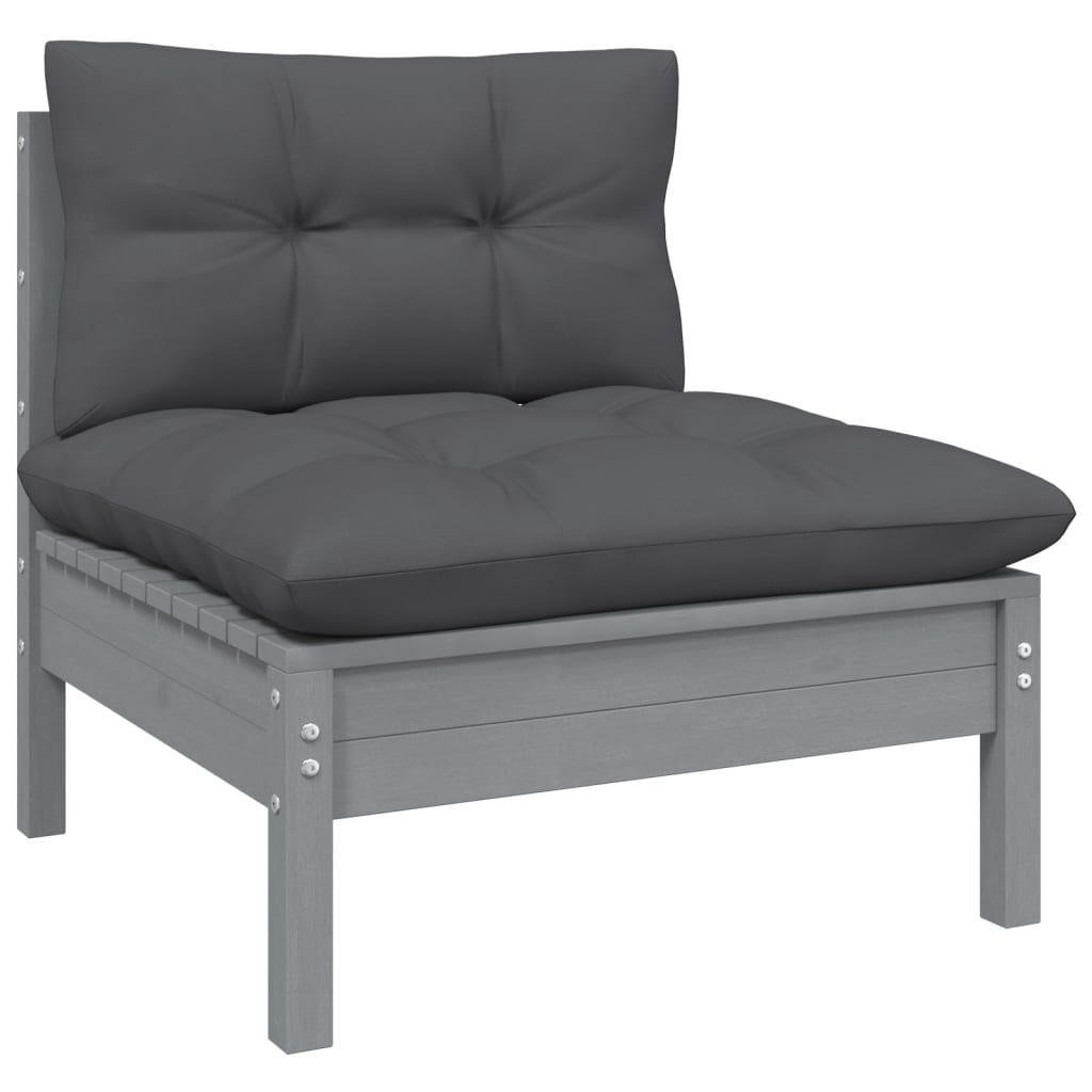 vidaXL Patio Middle Sofa with Anthracite Cushions Gray Solid Pinewood