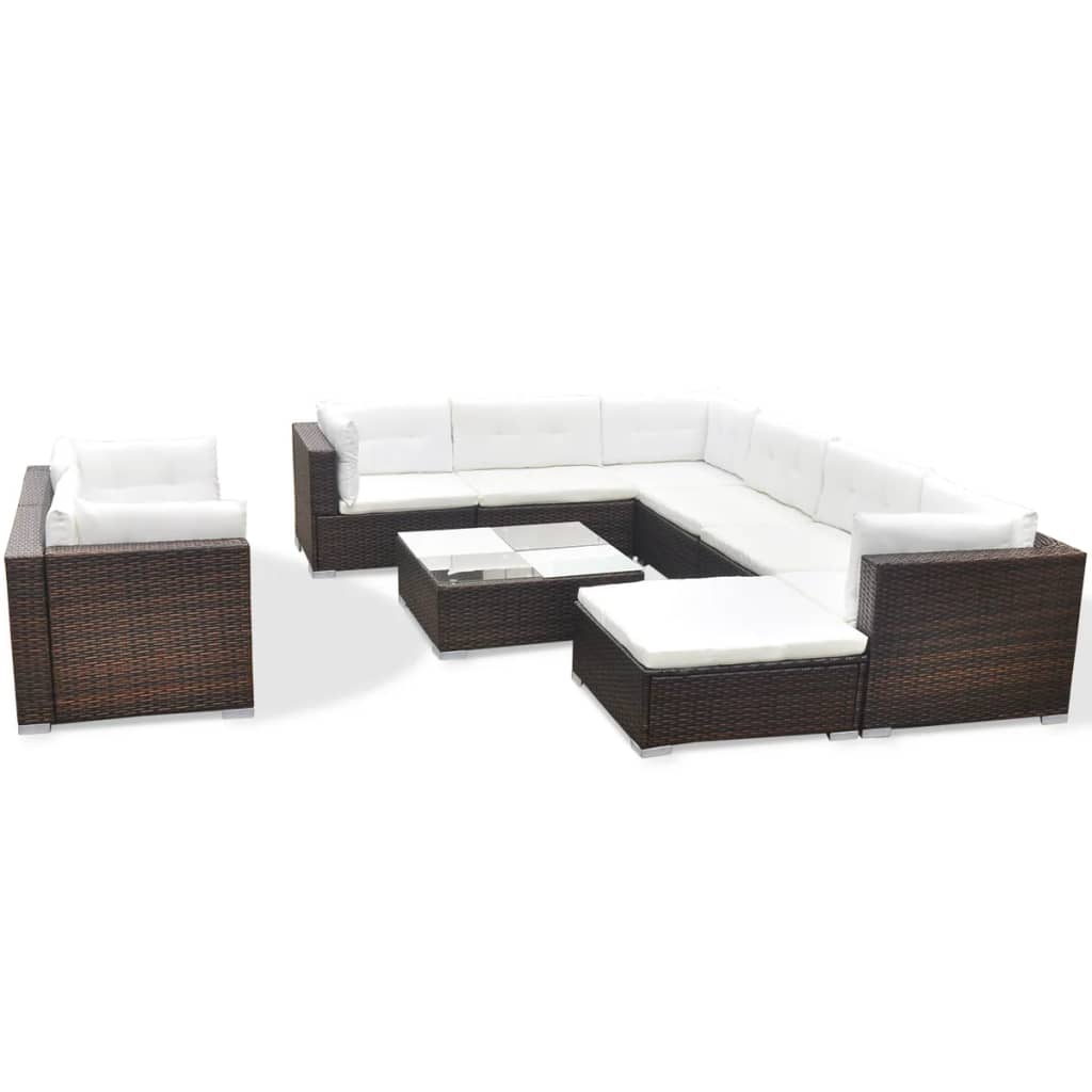vidaXL 10 Piece Patio Lounge Set with Cushions Poly Rattan Brown