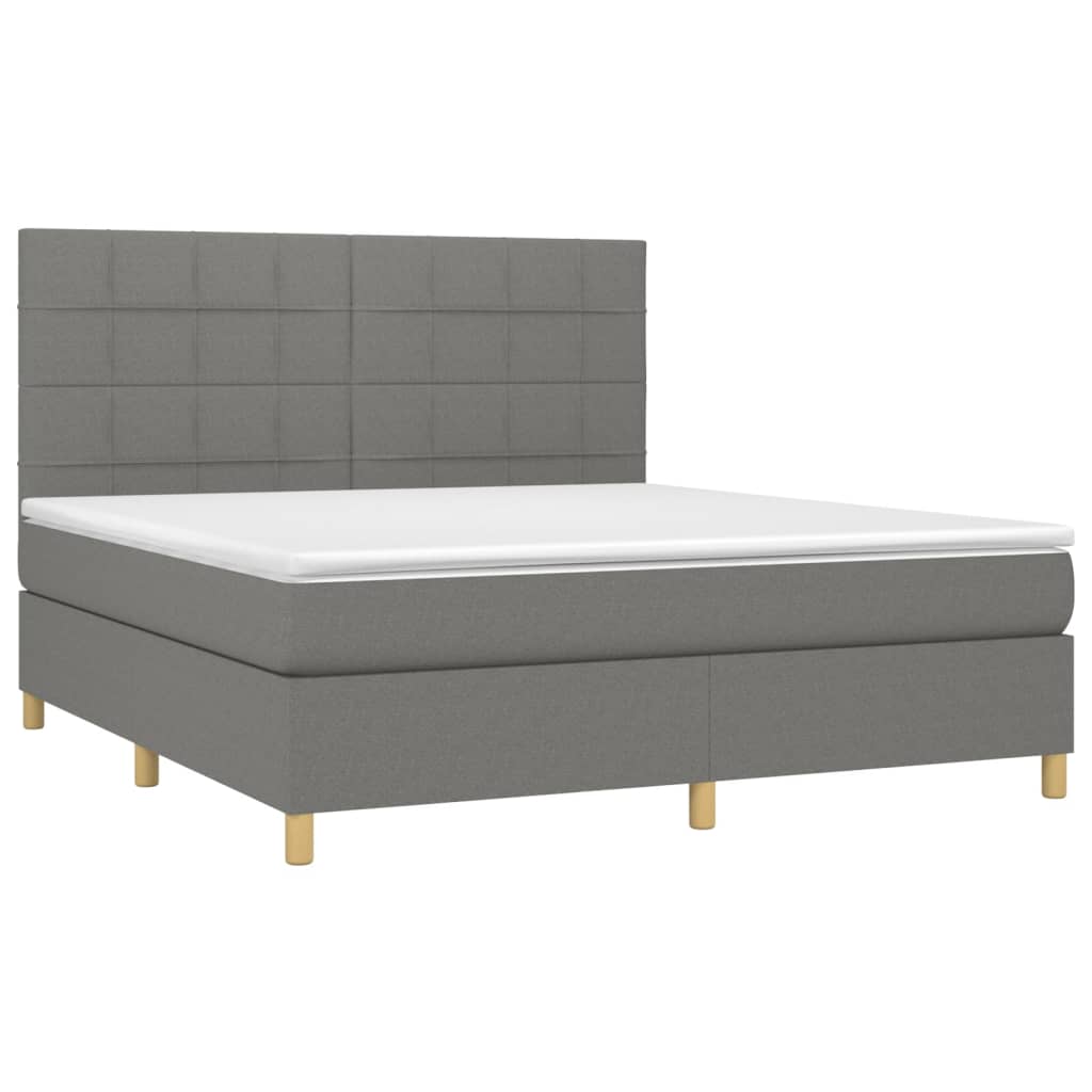 vidaXL Box Spring Bed with Mattress&LED Dark Gray King Fabric