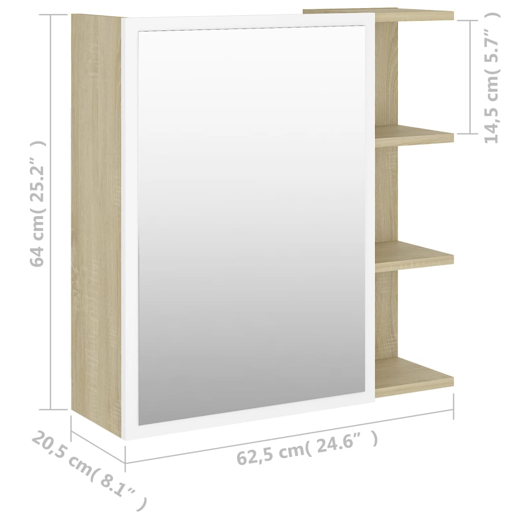 vidaXL Bathroom Mirror Cabinet White and Sonoma Oak 24.6"x8.1"x25.2" Engineered Wood