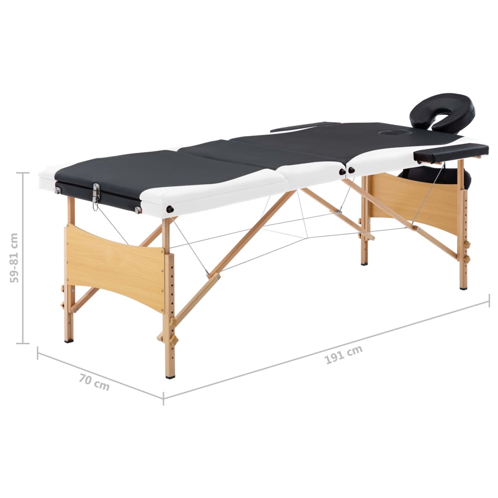 vidaXL Foldable Massage Table 3 Zones Wood Black and White