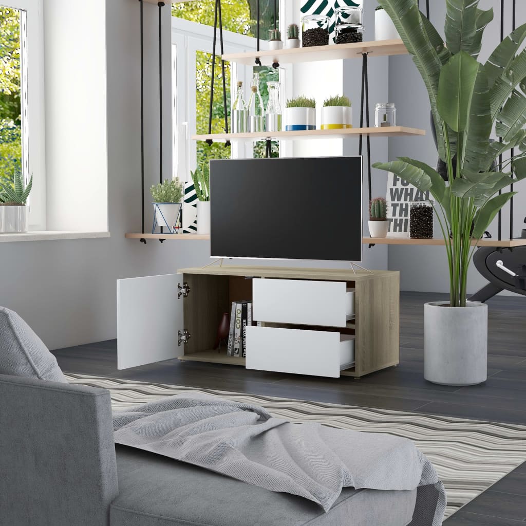 vidaXL TV Stand White and Sonoma Oak 31.5"x13.4"x14.2" Engineered Wood