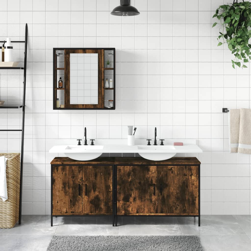 vidaXL 3 Piece Bathroom Cabinet Set Smoked Oak Engineered Wood | vidaXL.com