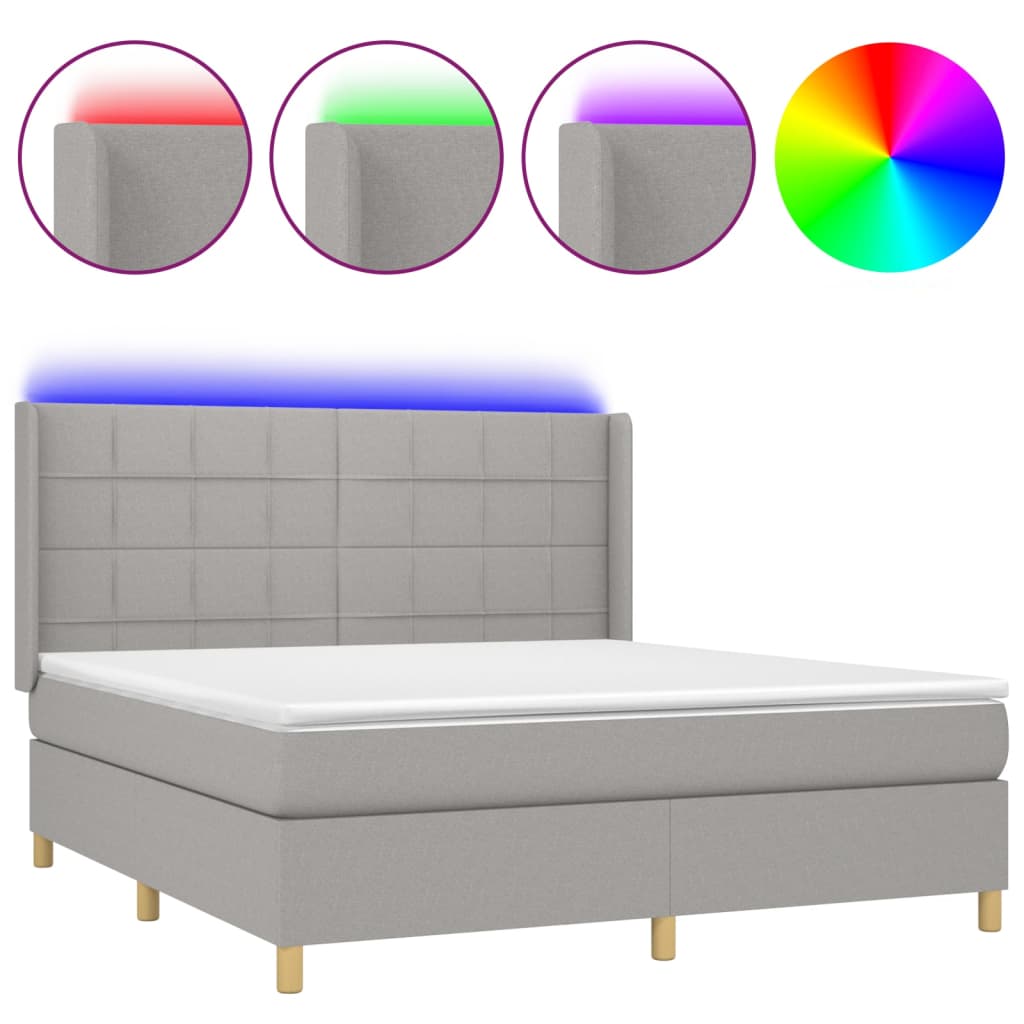 vidaXL Box Spring Bed with Mattress&LED Light Gray King Fabric