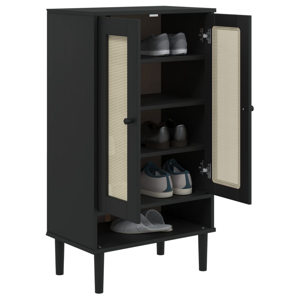 vidaXL Shoe Cabinet SENJA Rattan Look Black 23.4"x13.8"x42.1" Solid Wood