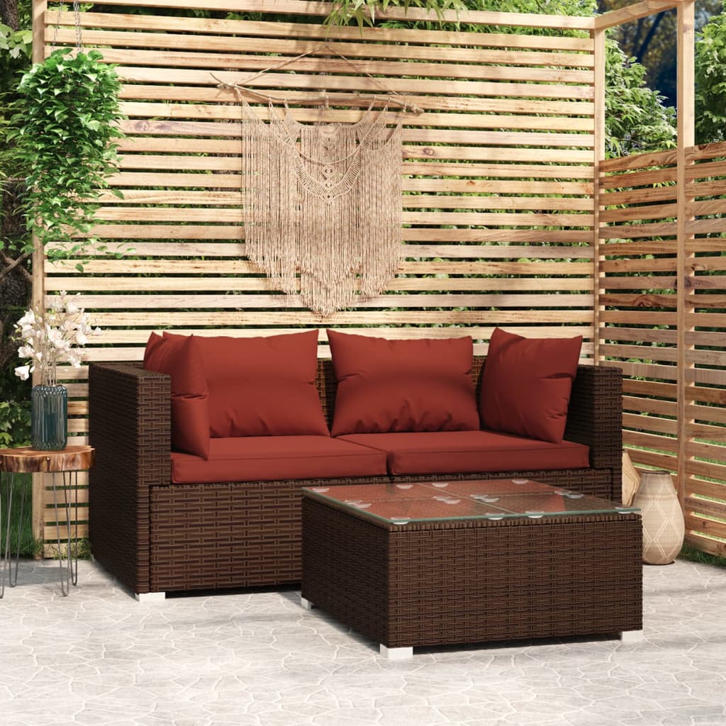 vidaXL Patio Furniture Set 3 Piece with Cushions Brown Poly Rattan