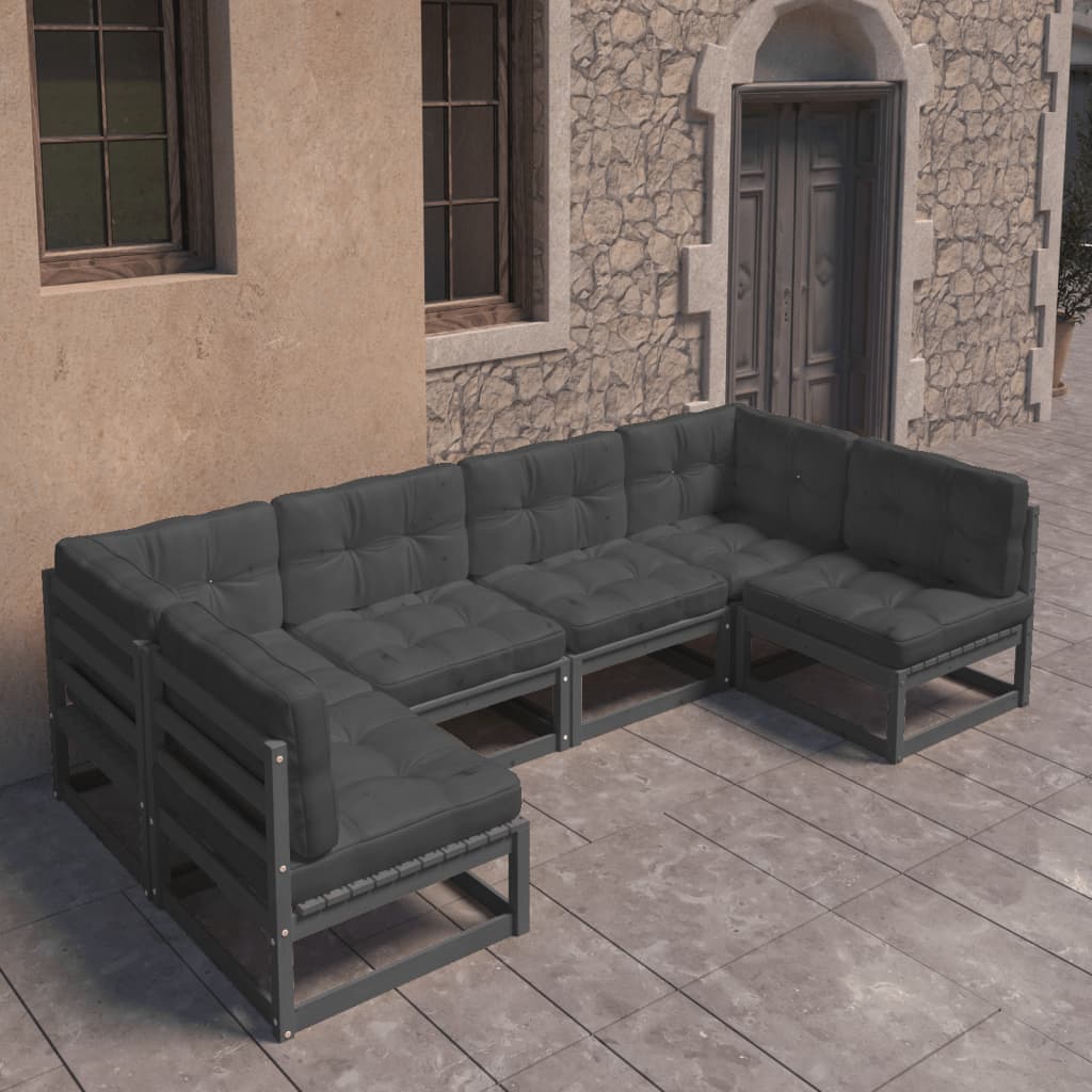 vidaXL 6 Piece Patio Lounge Set with Cushions Black Solid Pinewood