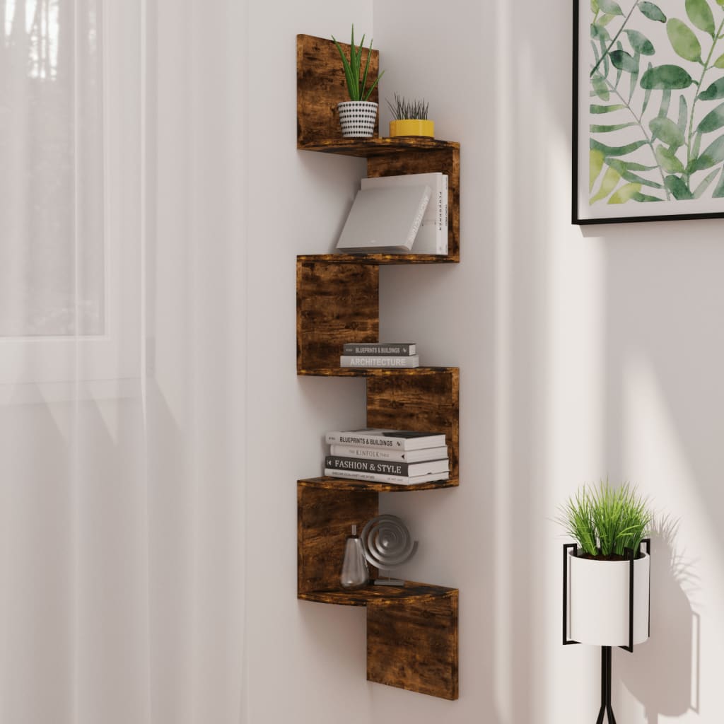vidaXL Wall Corner Shelf Smoked Oak 7.5"x7.5"x48.4" Engineered Wood