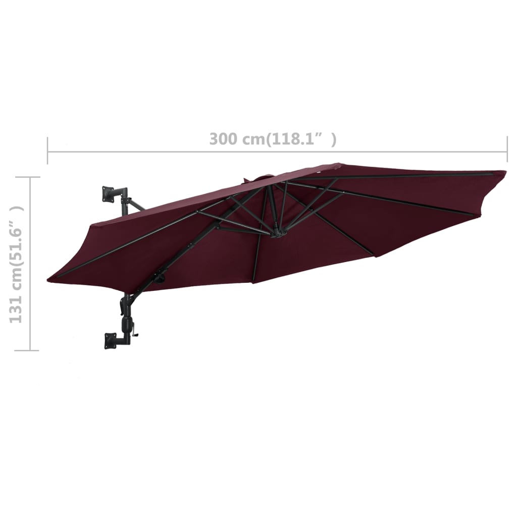 vidaXL Wall-Mounted Parasol with Metal Pole 118.1" Burgundy