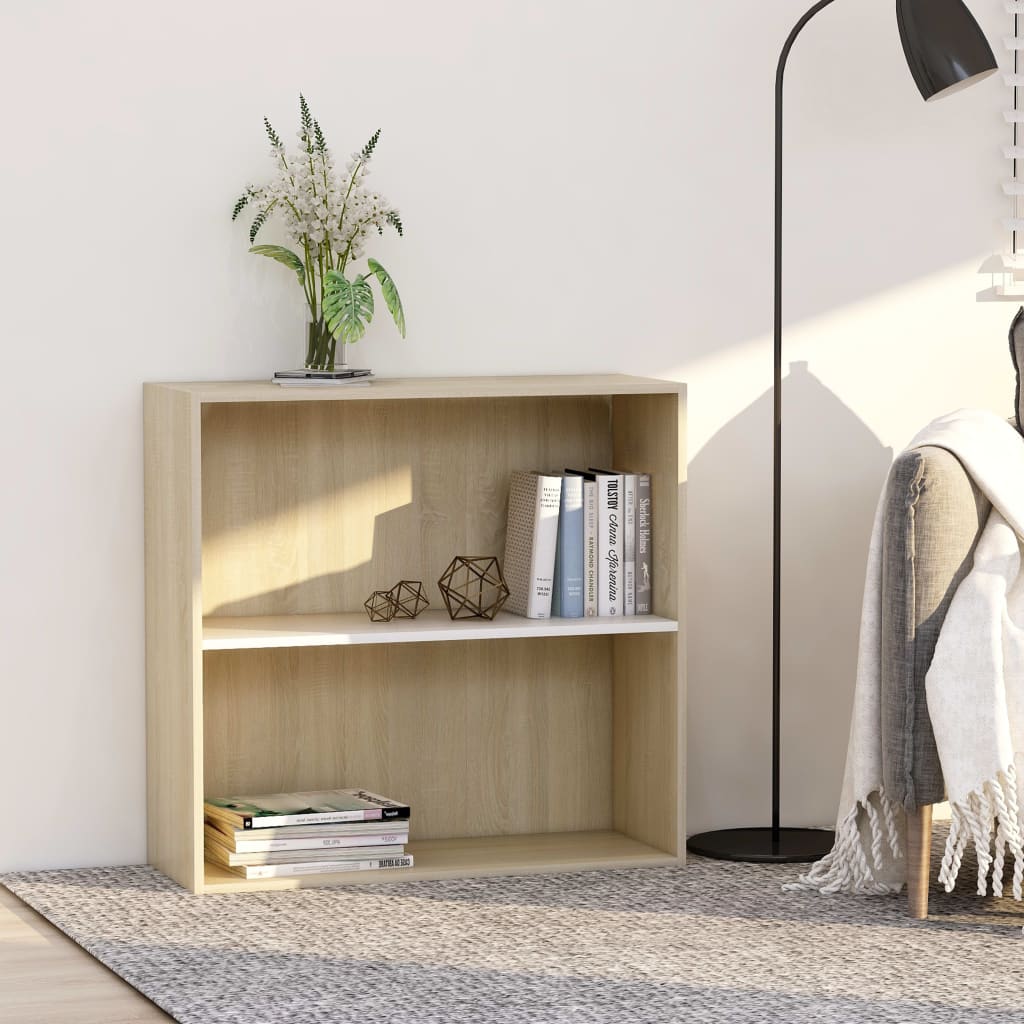801004 vidaXL 2-Tier Book Cabinet White and Sonoma Oak 80x30x76,5 cm Chipboard