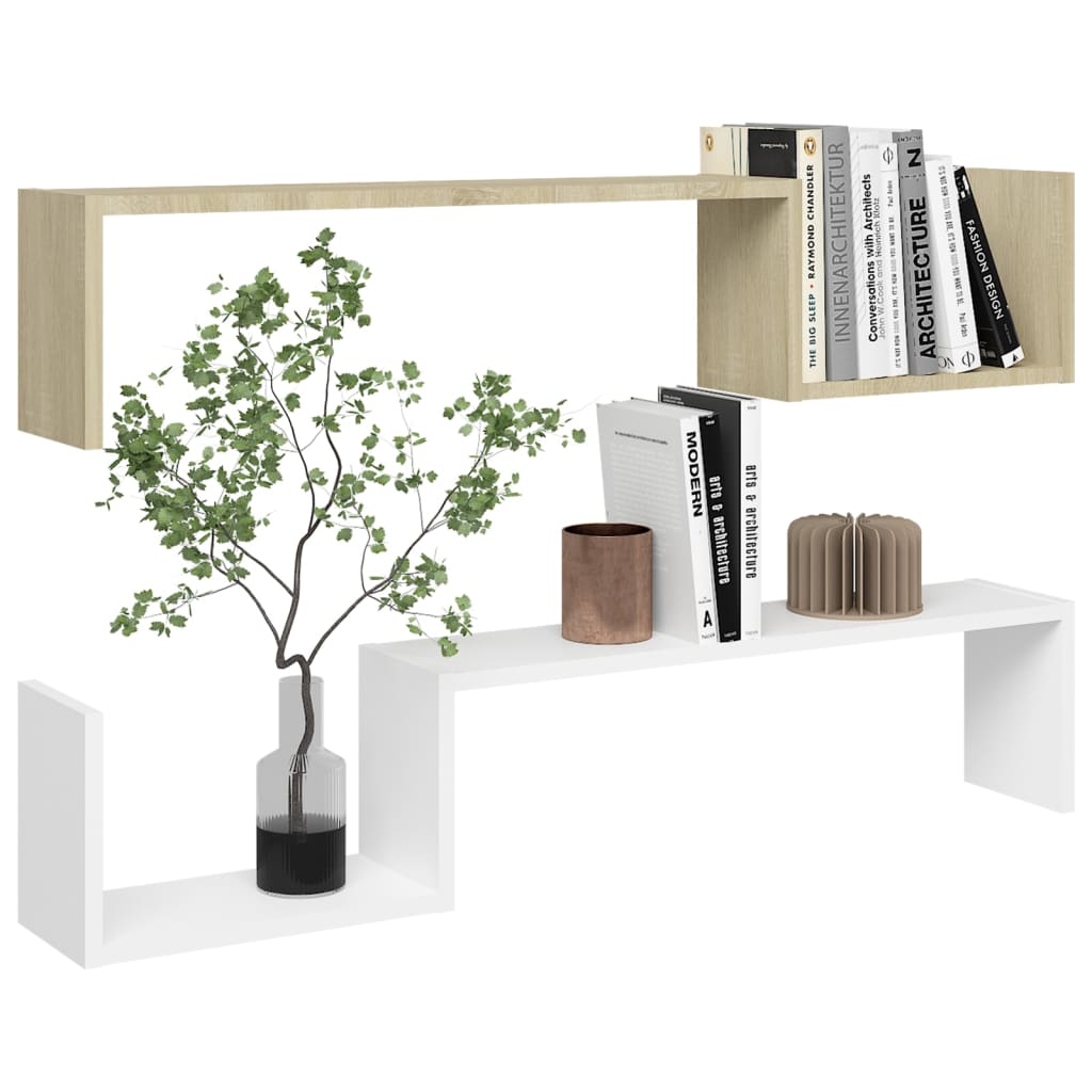 vidaXL Wall Shelves 2 pcs White and Sonoma Oak 39.4"x5.9"x7.9" Engineered Wood