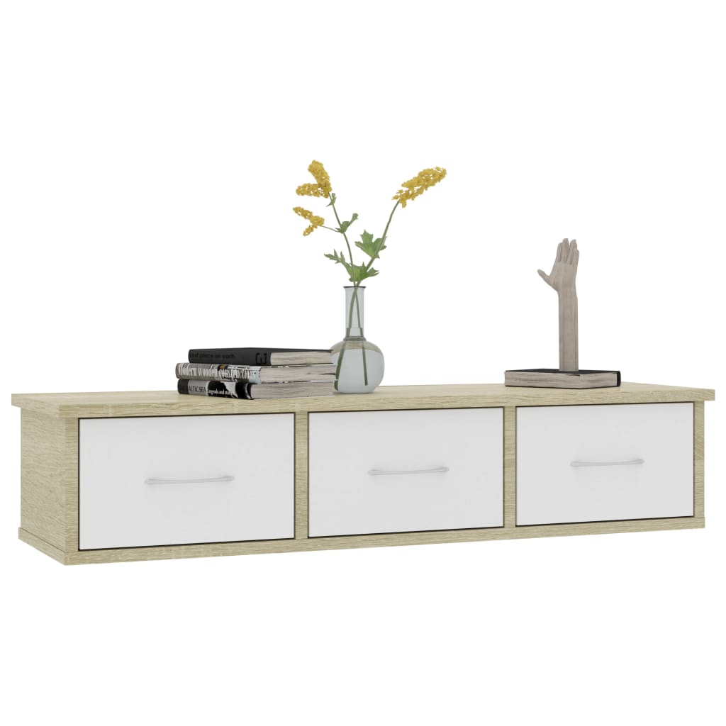 vidaXL Wall-mounted Drawer Shelf White and Sonoma Oak 34.6"x10.2"x7.3" Engineered Wood