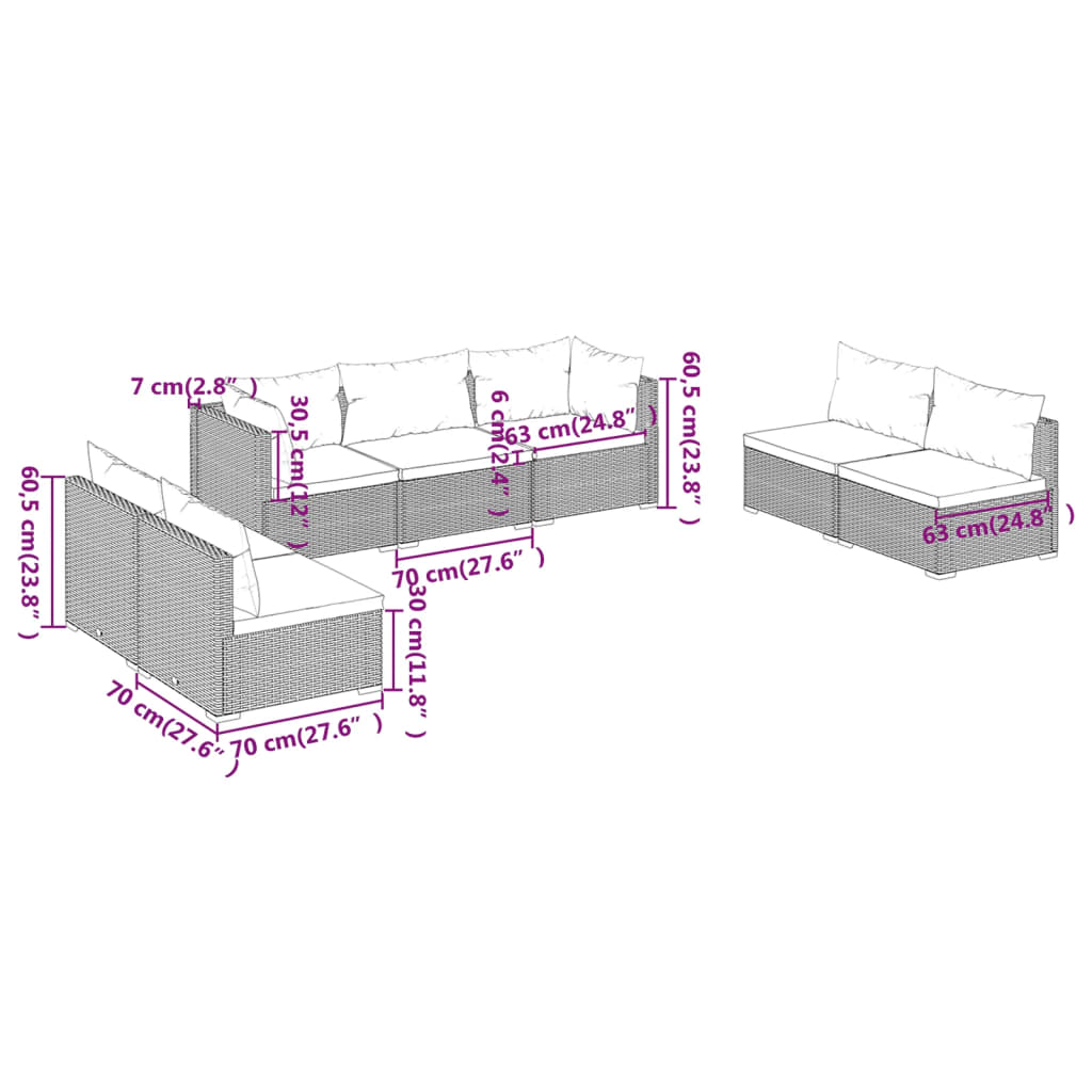 vidaXL 7 Piece Patio Lounge Set with Cushions Poly Rattan Brown