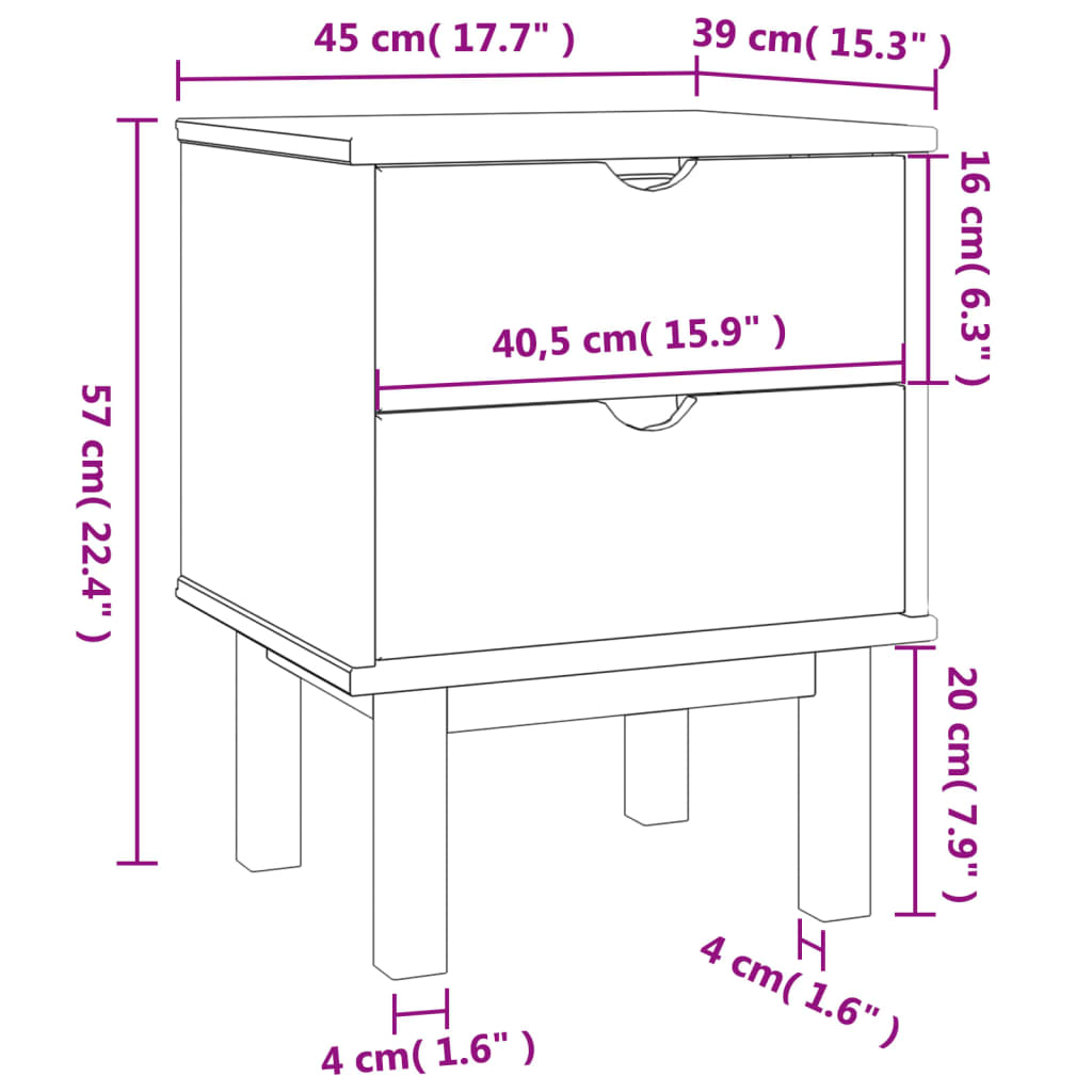 vidaXL Bedside Cabinet OTTA 17.7"x15.4"x22.4" Solid Wood Pine