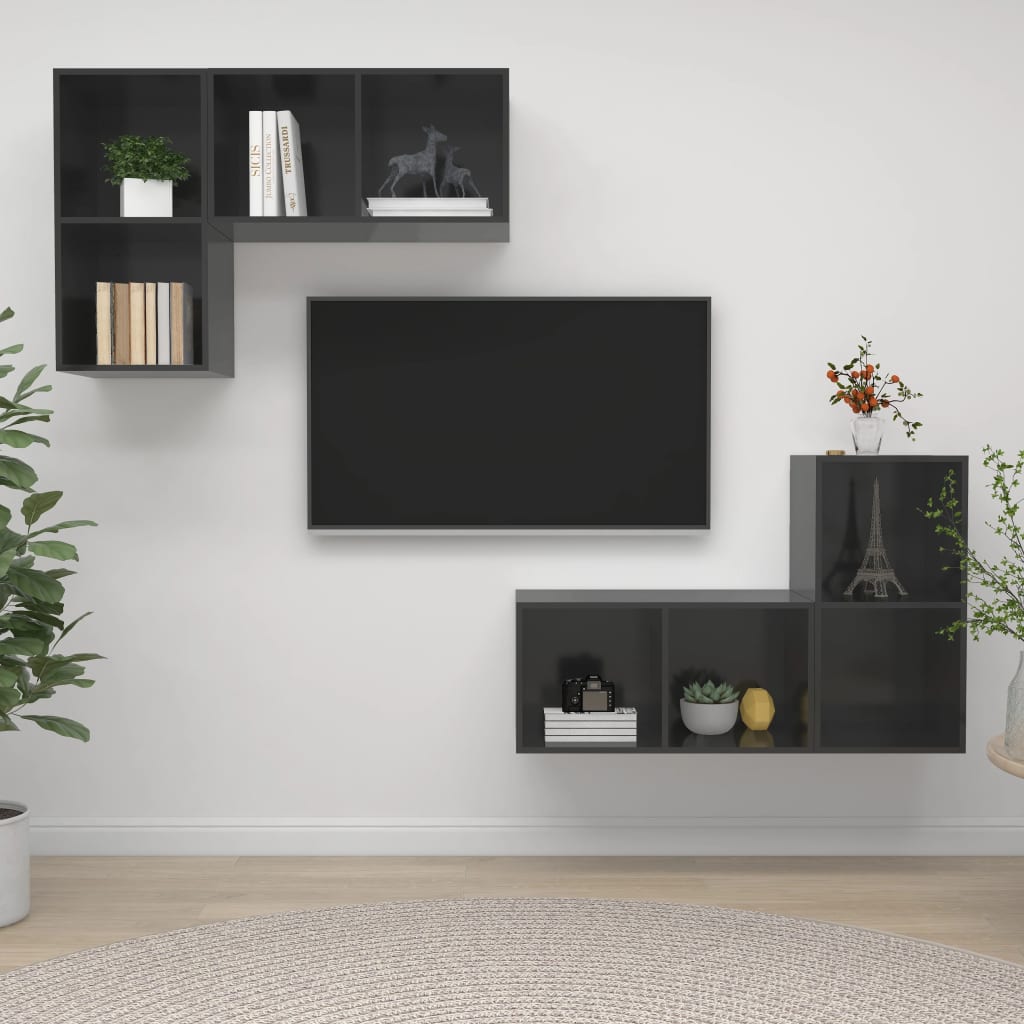 vidaXL Wall-mounted TV Stands 4 pcs High Gloss Gray Engineered Wood