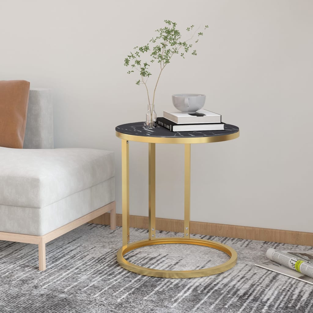 vidaXL Side Table Gold and Black Marble 17.7" Tempered Glass