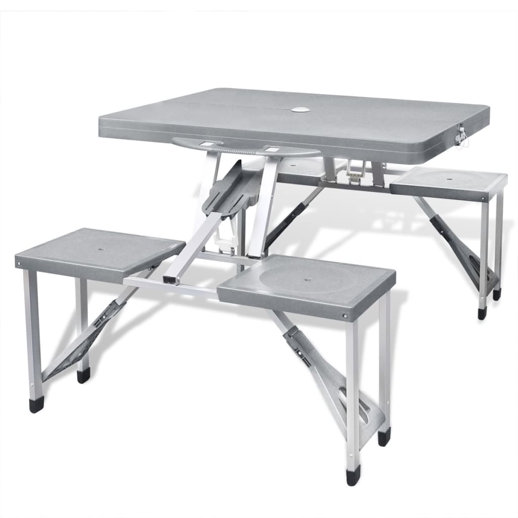 Foldable Camping Table Set with 4 Stools Aluminum Extra Light Gray