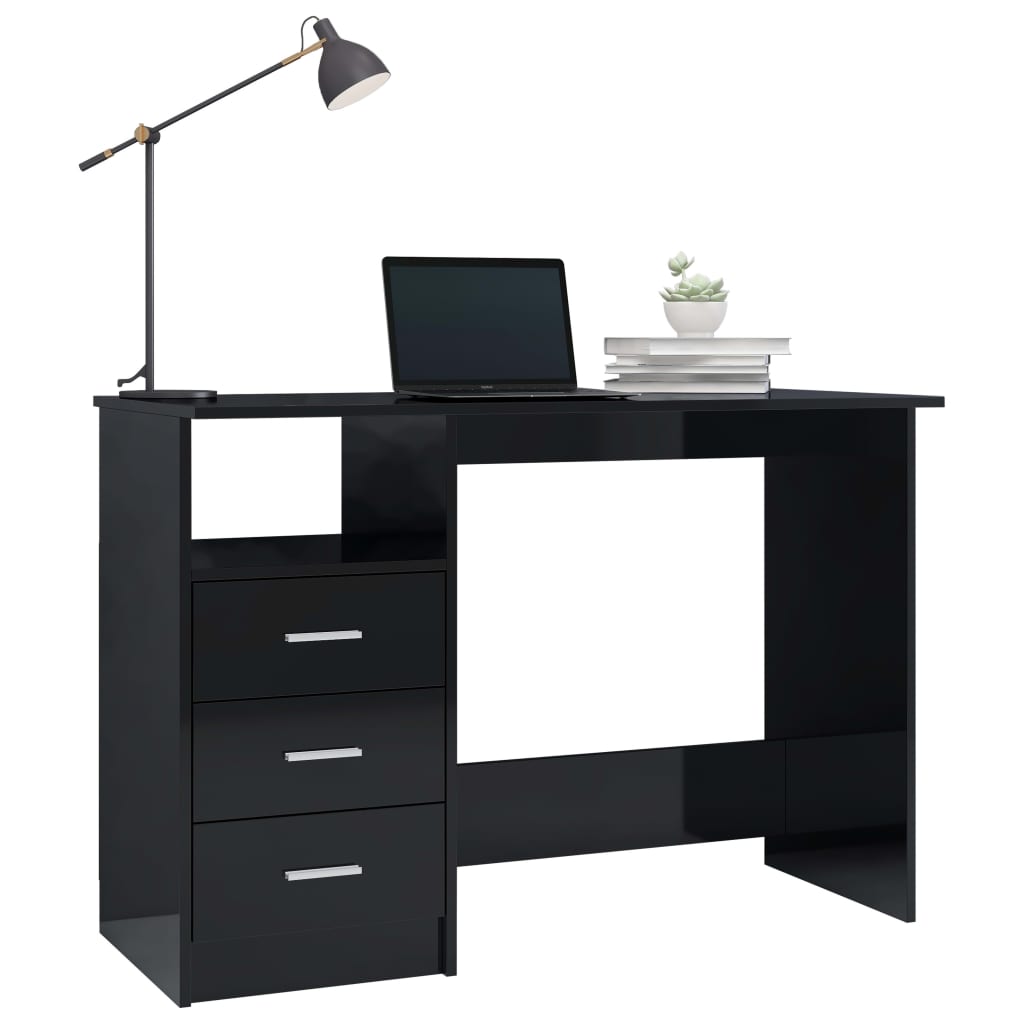 vidaXL Desk with Drawers High Gloss Black 43.3"x19.7"x29.9" Chipboard