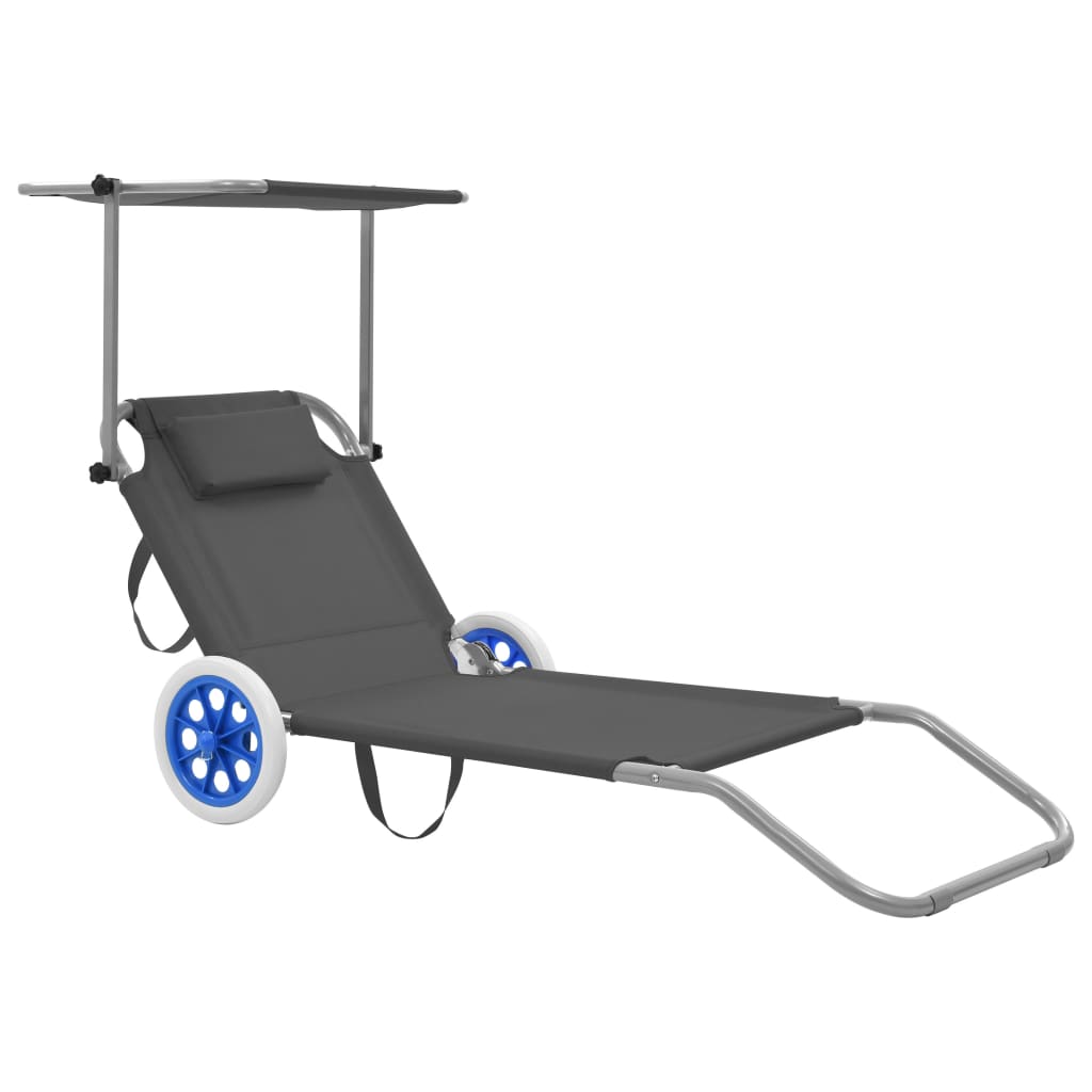 vidaXL Folding Sun Lounger with Canopy and Wheels Steel Gray