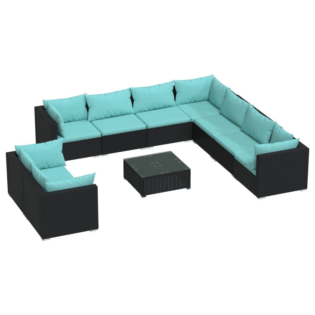 vidaXL 10 Piece Patio Lounge Set with Cushions Black Poly Rattan