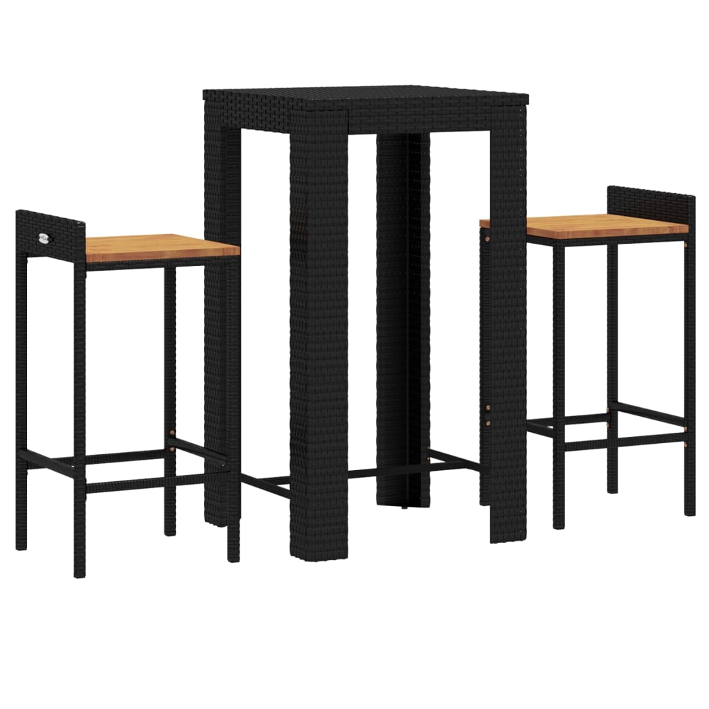 vidaXL 3 Piece Patio Bar Set Black Poly Rattan&Solid Wood Acacia