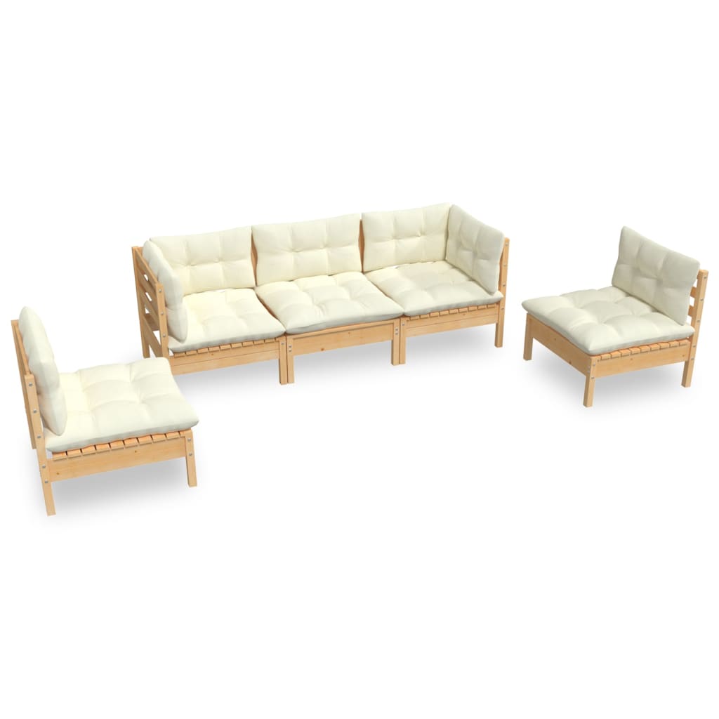 vidaXL 5 Piece Patio Lounge Set with Cream Cushions Solid Pinewood