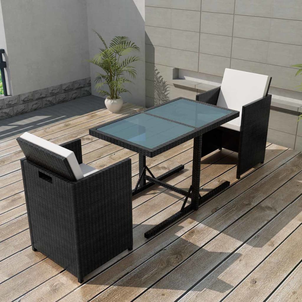 vidaXL 3 Piece Bistro Set with Cushions Poly Rattan Black