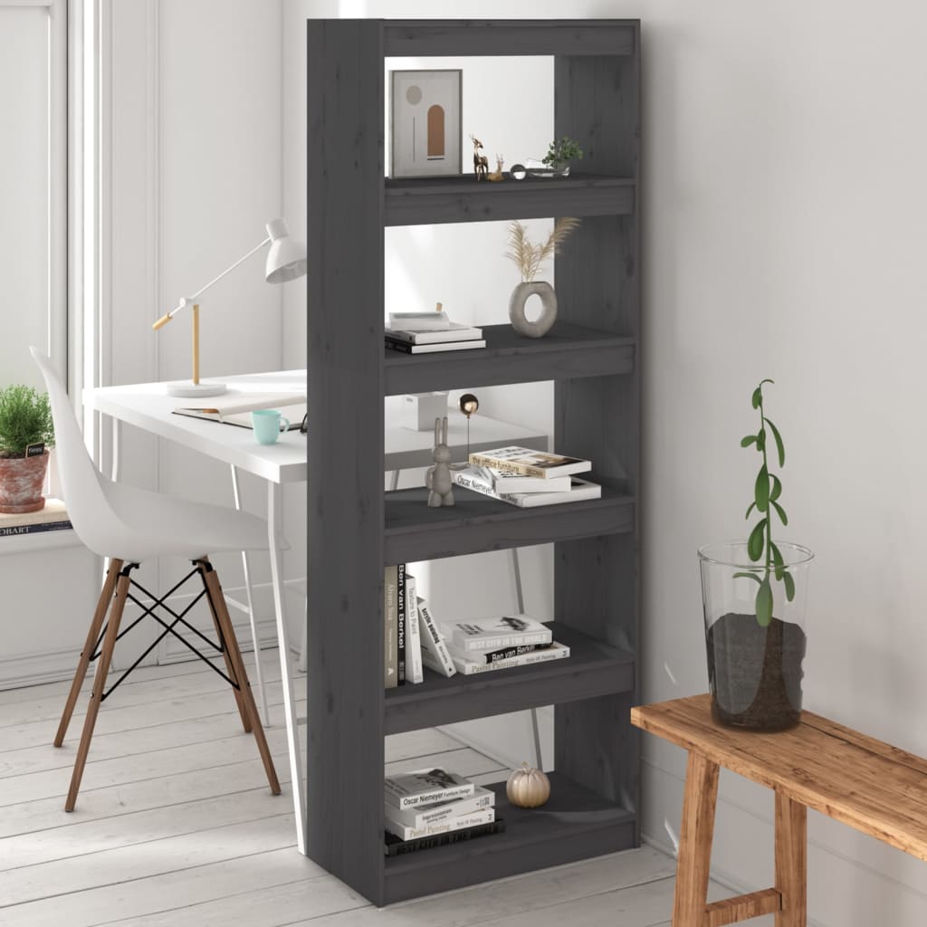vidaXL Book Cabinet/Room Divider Gray 23.6"x11.8"x65.9" Solid Wood Pine