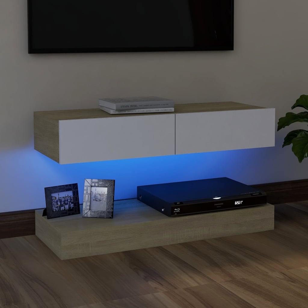 vidaXL TV Stand with LED Lights White and Sonoma Oak 35.4"x13.8"
