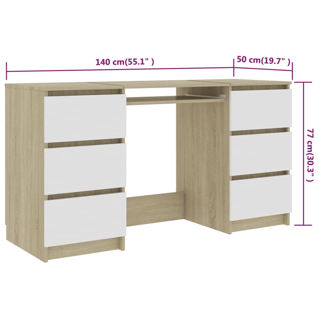 vidaXL Writing Desk White and Sonoma Oak 55.1"x19.7"x30.3" Engineered Wood