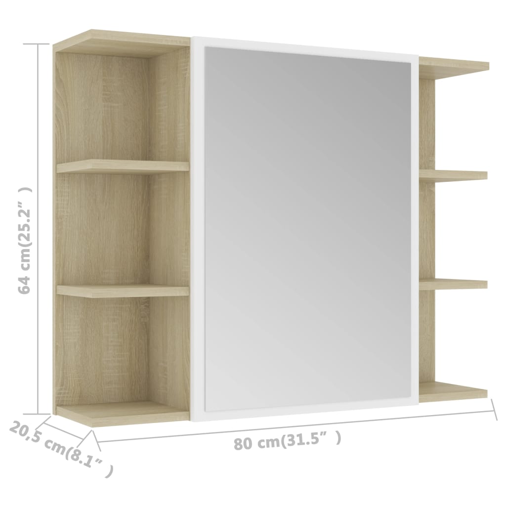 vidaXL Bathroom Mirror Cabinet White and Sonoma Oak 31.5"x8.1"x25.2" Chipboard