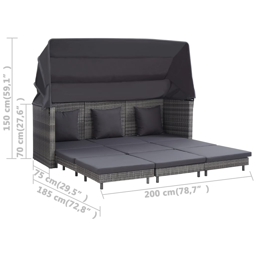vidaXL Extendable 3-Seater Sofa Bed with Roof Poly Rattan Gray
