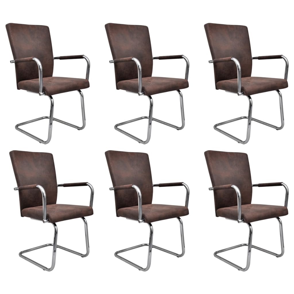 vidaXL Cantilever Dining Chairs 6 pcs Brown Faux Suede Leather