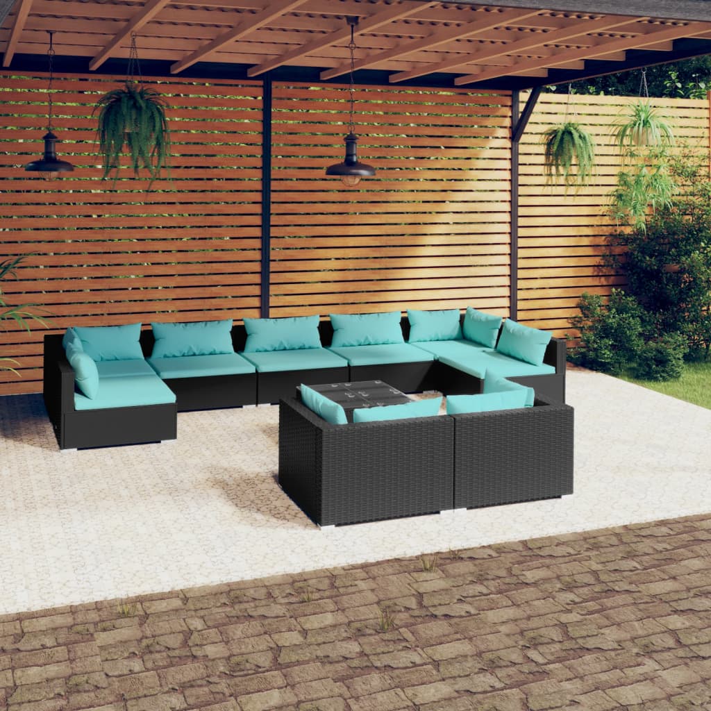 vidaXL 10 Piece Patio Lounge Set with Cushions Black Poly Rattan
