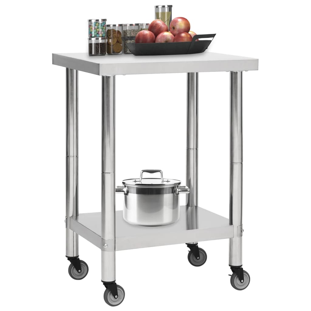 vidaXL Kitchen Work Table with Wheels 23.6"x11.8"x33.5" Stainless Steel