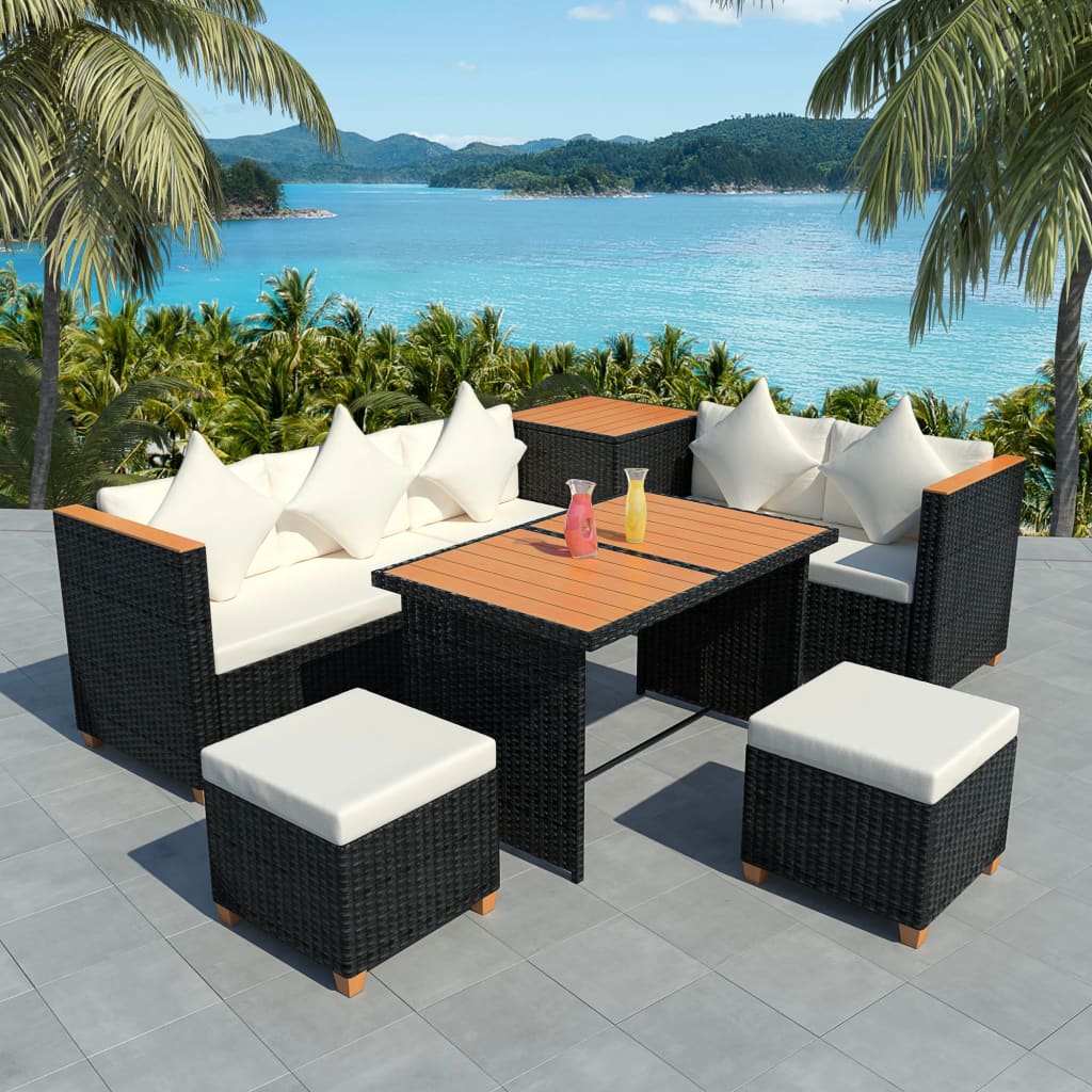 vidaXL 7 Piece Patio Lounge Set with Cushions Poly Rattan Black
