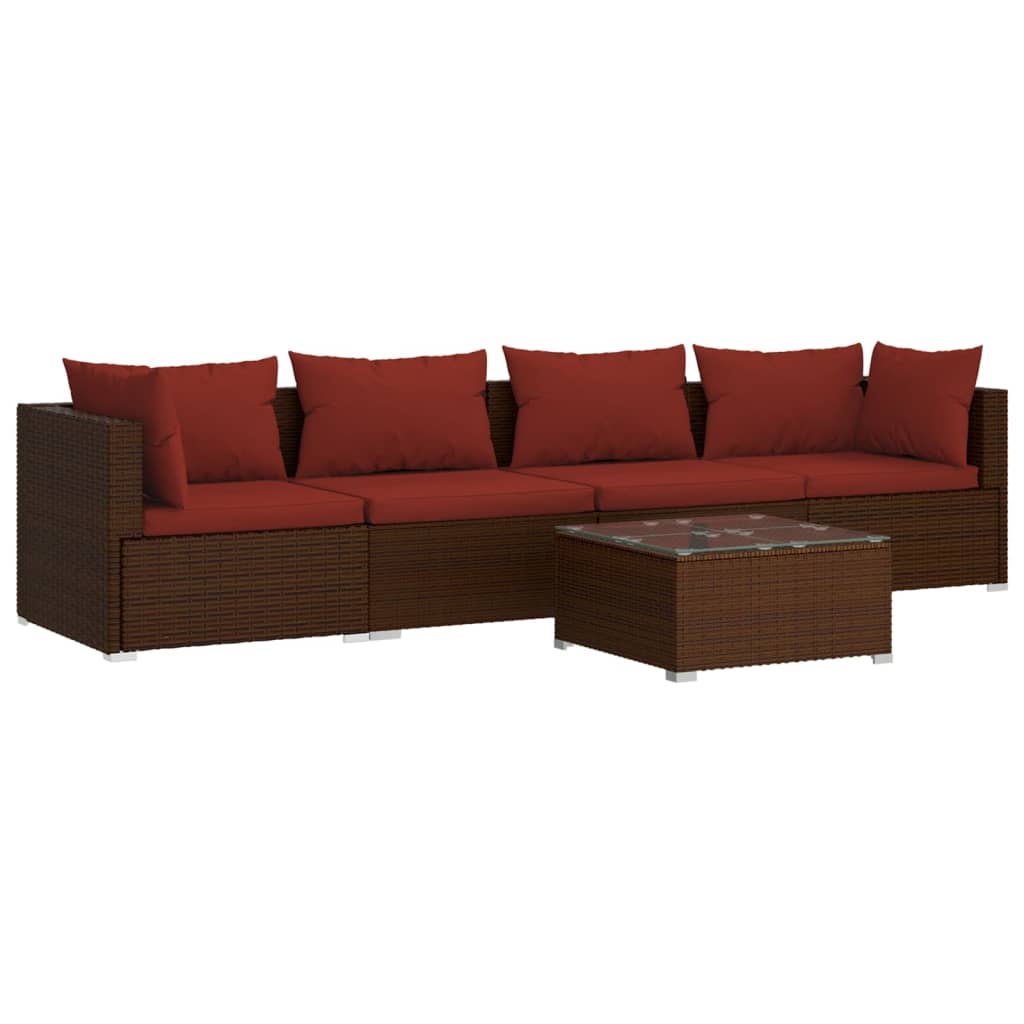 vidaXL Patio Furniture Set 5 Piece with Cushions Poly Rattan Brown