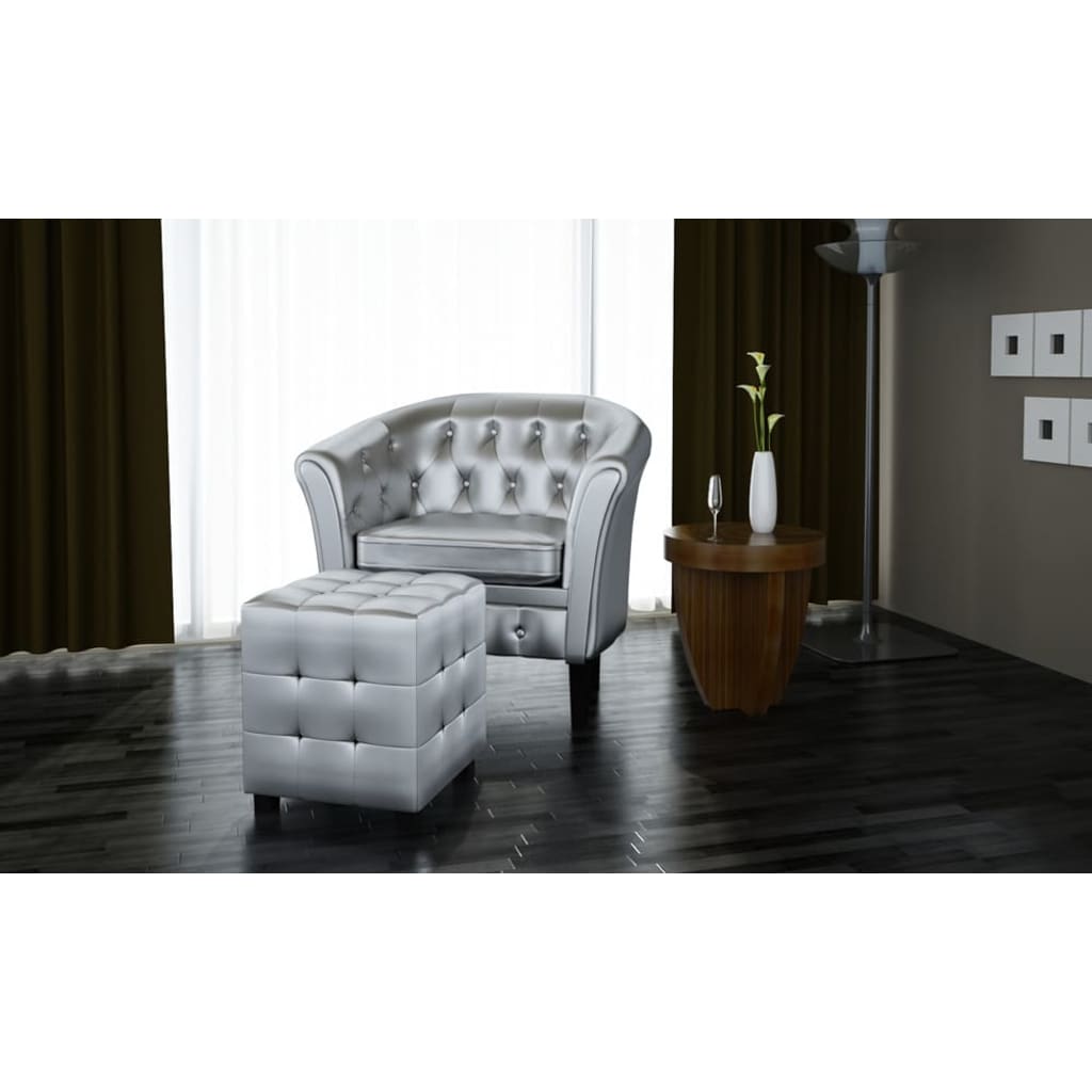 vidaXL Tub Chair with Footstool Silver Faux Leather