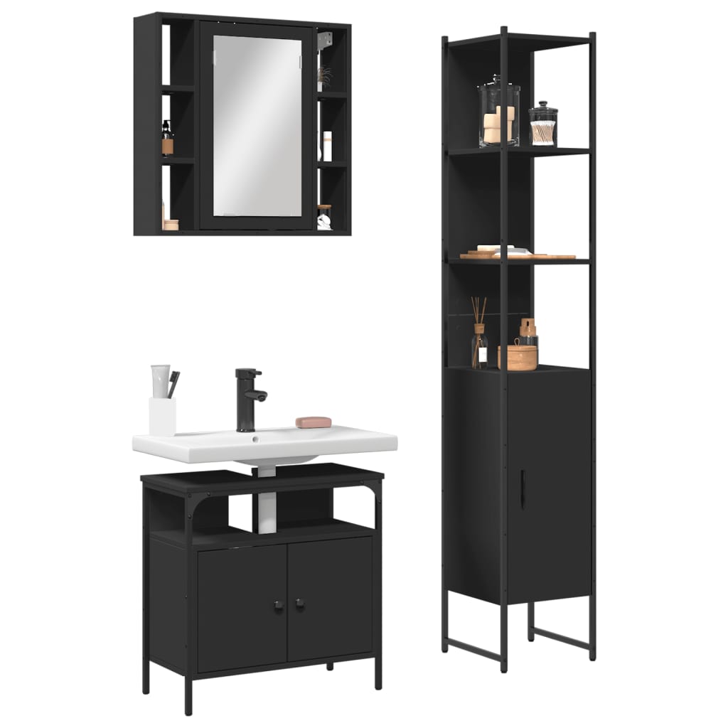 vidaXL 3 Piece Bathroom Cabinet Set Black Engineered Wood | vidaXL.com