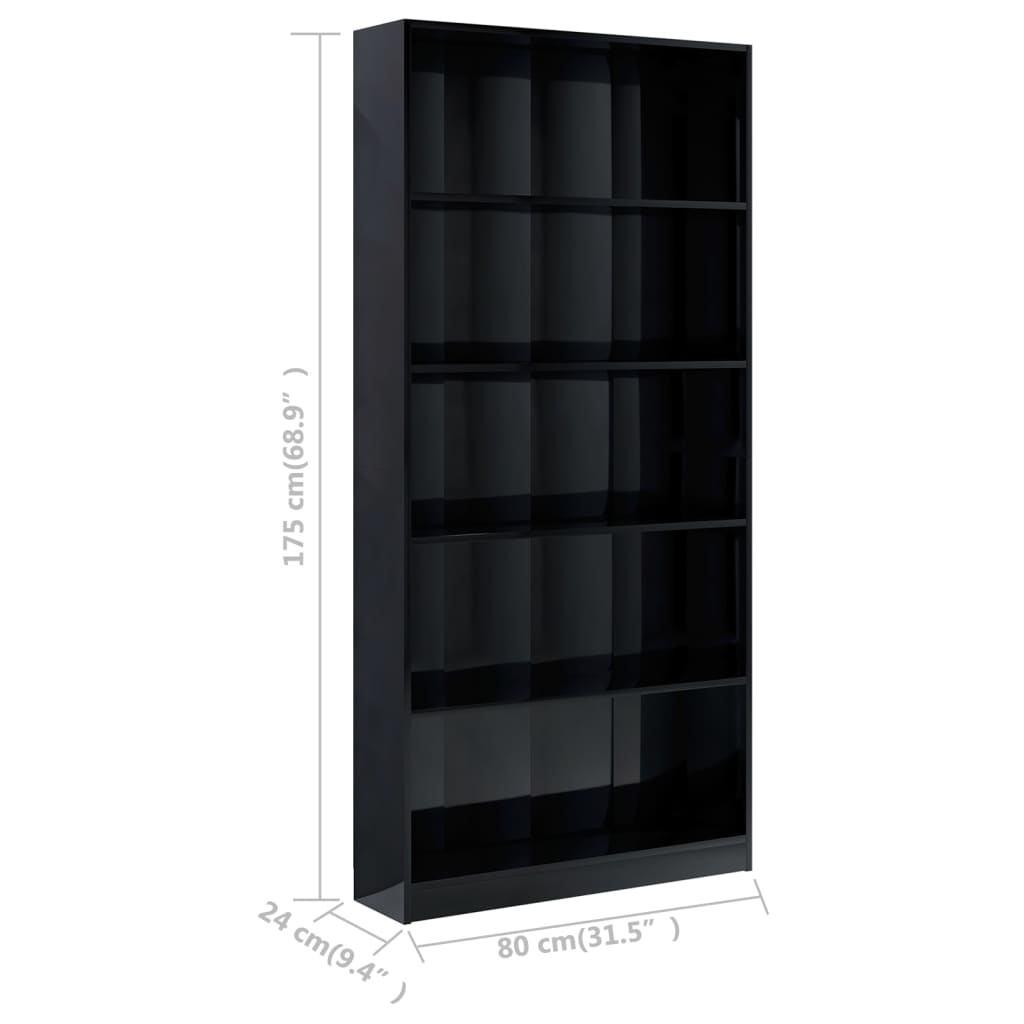 vidaXL 5-Tier Book Cabinet High Gloss Black 31.5"x9.4"x68.9" Chipboard