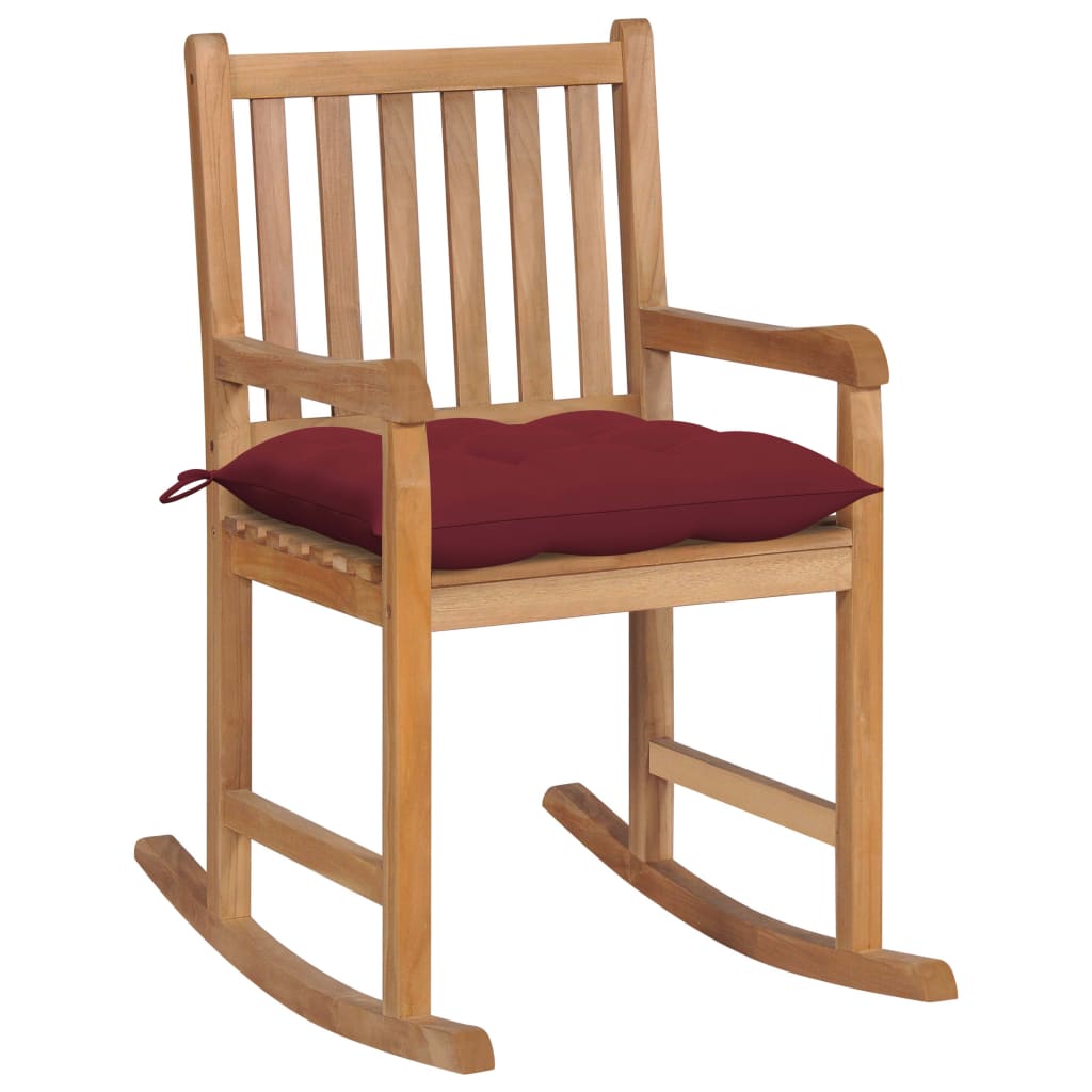 vidaXL Rocking Chair with Wine Red Cushion Solid Teak Wood