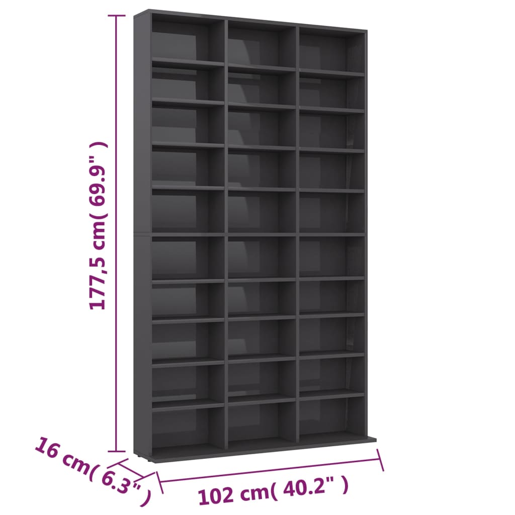 vidaXL CD Cabinet High Gloss Gray 40.2"x9.1"x69.9" Chipboard
