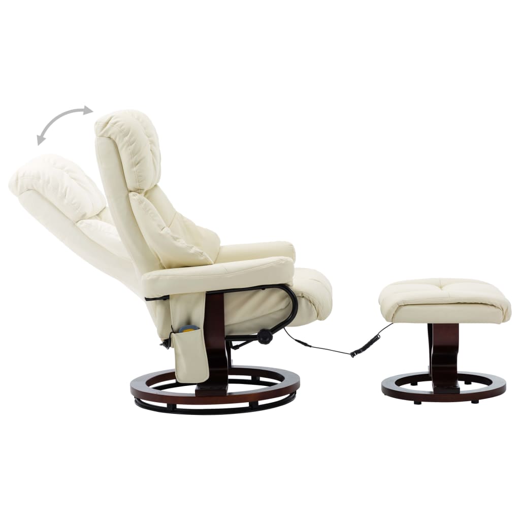 vidaXL Massage Recliner with Ottoman Cream Faux Leather and Bentwood