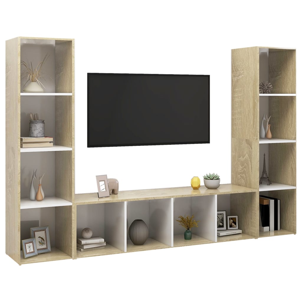 vidaXL TV Stands 3 pcs White & Sonoma Oak 56.1"x13.8"x14.4" Engineered Wood