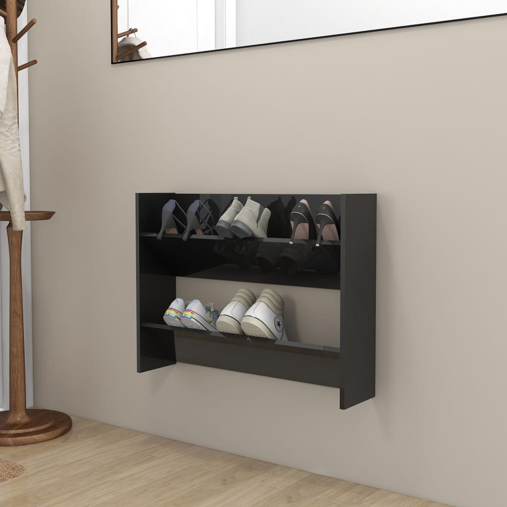 vidaXL Wall Shoe Cabinet High Gloss Black 31.5"x7.1"x23.6" Engineered Wood