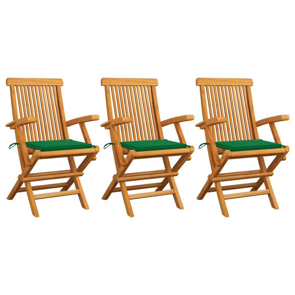 vidaXL Patio Chairs with Green Cushions 3 pcs Solid Teak Wood